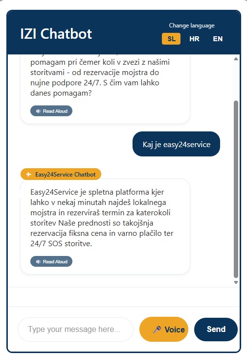 Chatbot pomoč Easy24Service
