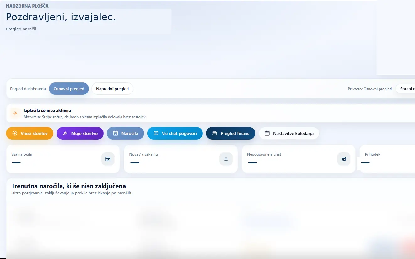 Nadzorna plošča izvajalca z naročili in statusi