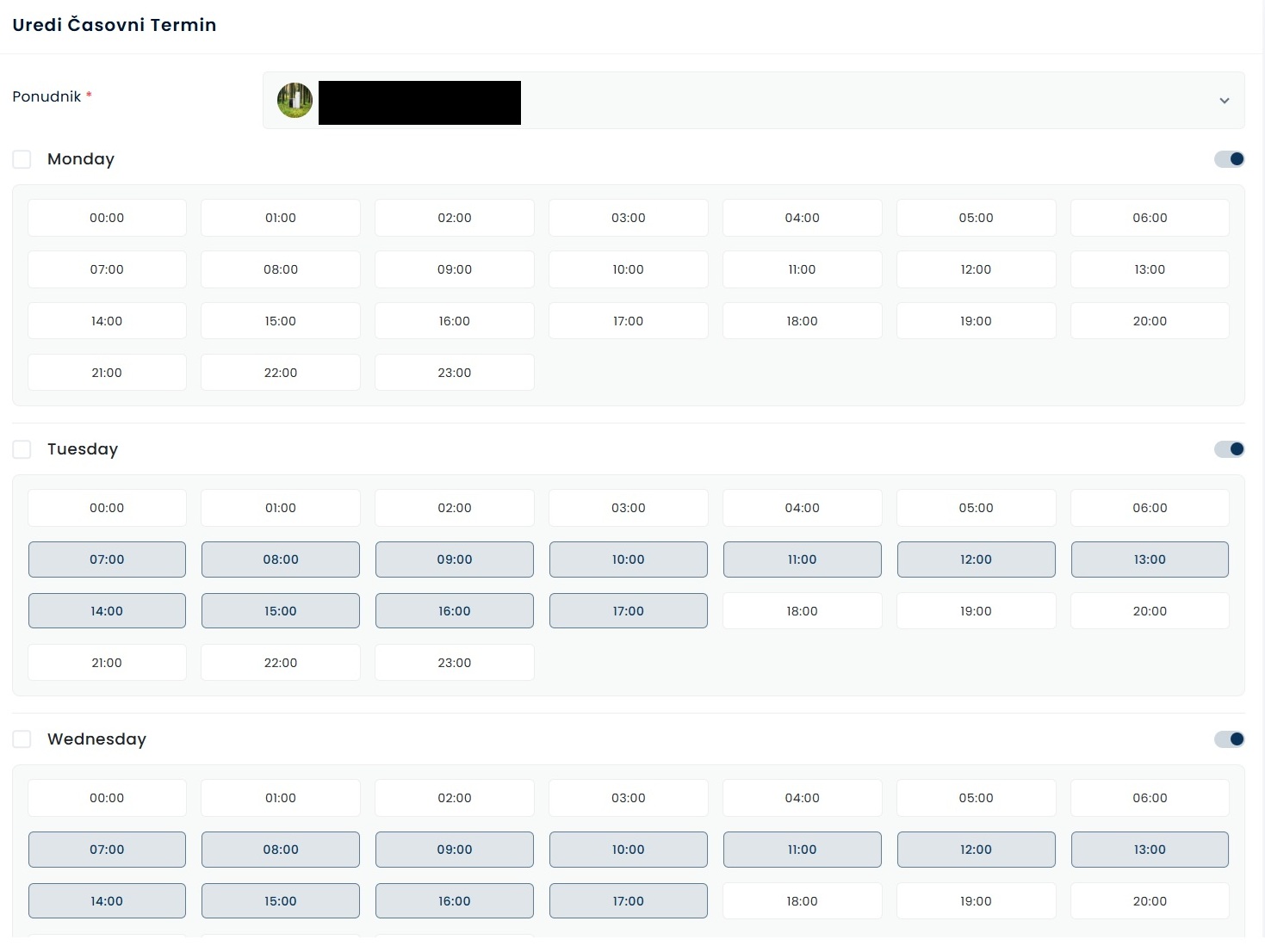 Nastavljanje odprtih terminov izvajalca
